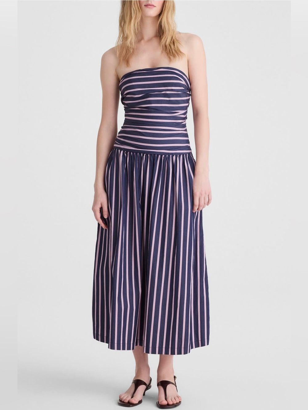 Madewell Stripe Strapless Ruched Midi Dress Classic Indigo Size 2 NWT